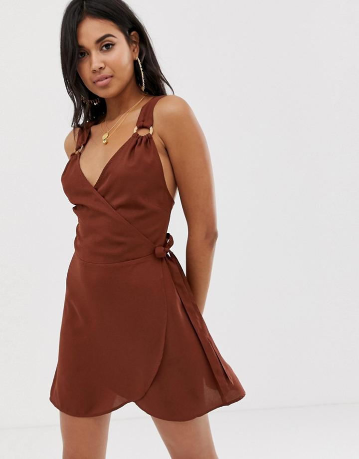 Asos Design Wrap Front Beach Dress With Wooden Look Trim In Chocolate Brown
