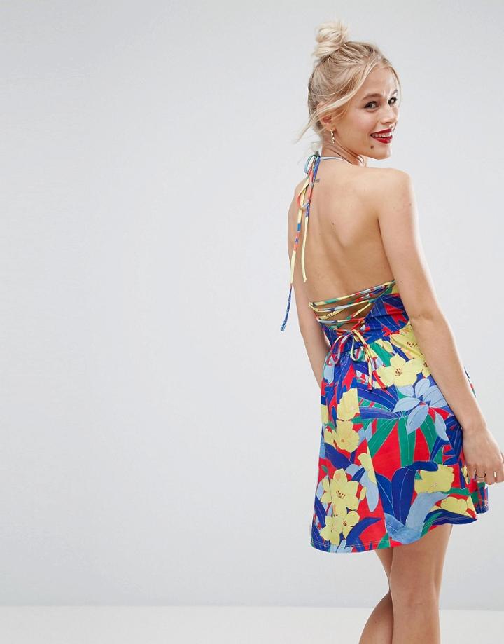 Asos Mini Smock Sundress With Lace Up Back In Floral Print - Multi