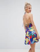 Asos Mini Smock Sundress With Lace Up Back In Floral Print - Multi