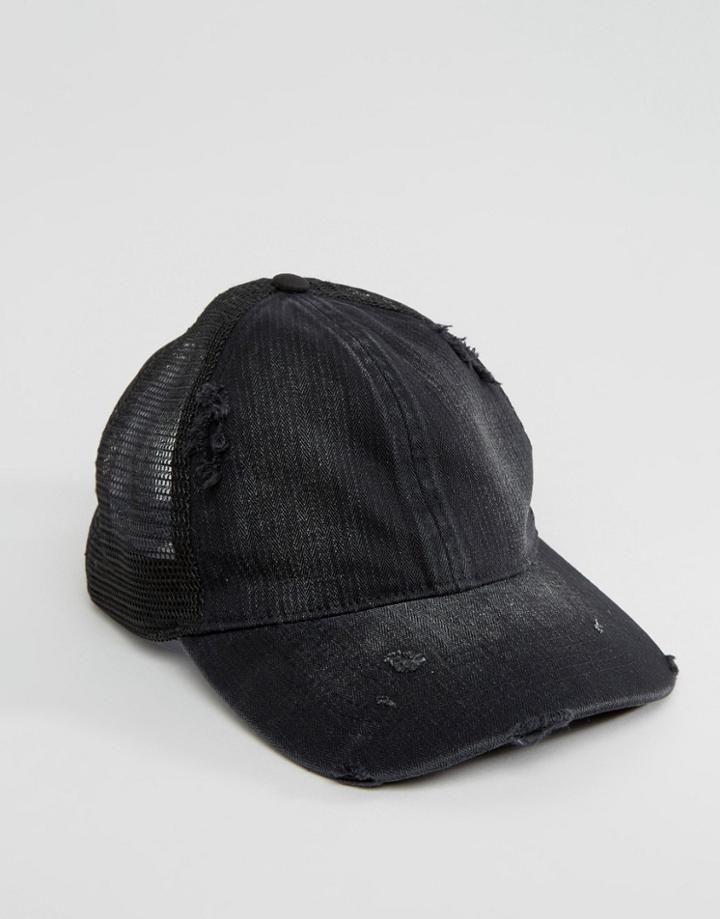 Asos Trucker Cap With Distressed Finish In Black - Black