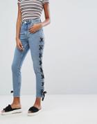 Monki Washed Jeans With Eyelet Detail - Blue