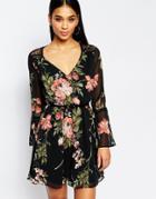 Michelle Keegan Loves Lipsy Allover Floral Chiffon Skater Dress With Bell Sleeve - Multi