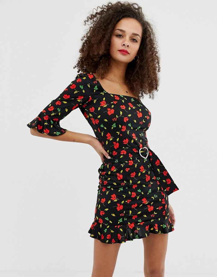 Asos Design Mini Dress With Rhinestone Buckle In Floral Print - Multi