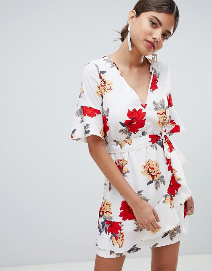 Prettylittlething Floral Tie Side Mini Dress - White