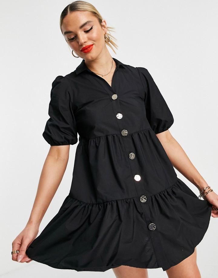 River Island Button Front Smocked Shirt Dress In Black