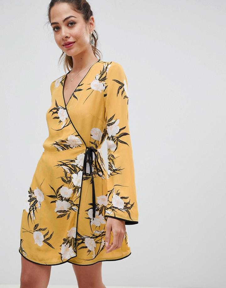 Miss Selfridge Wrap Tea Dress With Floral Print In Yellow - Multi