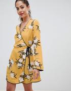 Miss Selfridge Wrap Tea Dress With Floral Print In Yellow - Multi