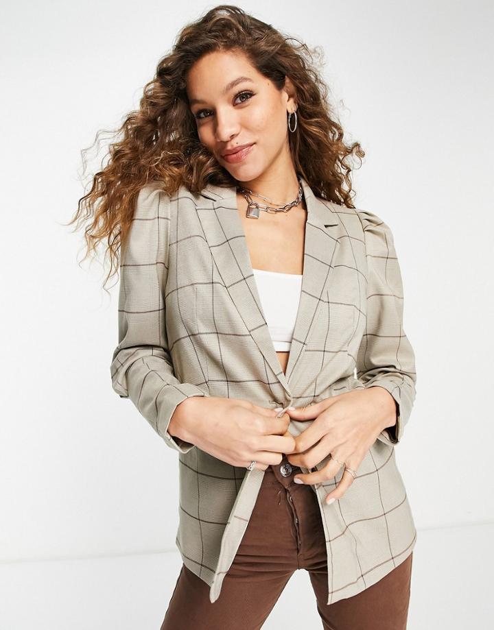 Vila Puff Sleeve Blazer In Brown Check