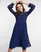 Little Mistress High Neck Pleated Midi Dress In Navy