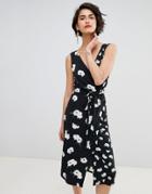 Warehouse Floating Orchid Wrap Front Cami Dress - Black