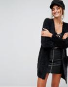 Stradivarius Fluffy Longline Cardigan - Black