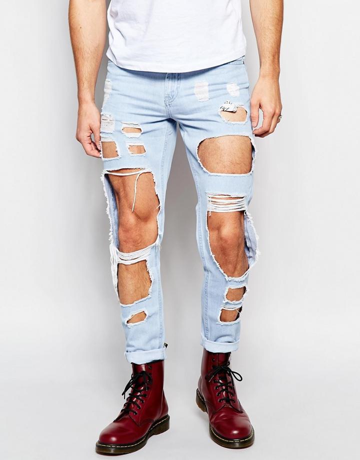 Hoxton Denim Light Blue & Distressed Holes Skinny Jean - Blue