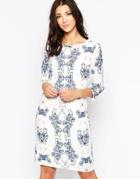 Ichi Kaledoscope Print 3/4 Sleeve Shift Dress - Mazarine Blue