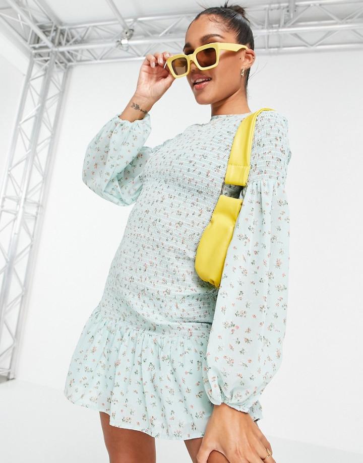 Asos Design Shirred Mini Dress With Bubble Sleeve And Pep Hem In Sage Ditsy Print-multi