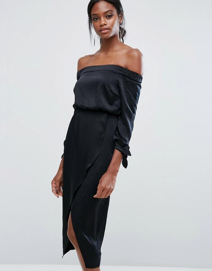 Lavish Alice Off Shoulder Midi Dress With Tie Sleeve - Black