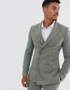 Asos Design Super Skinny Double Breasted Suit Jacket In Green Wool Blend Mini Check