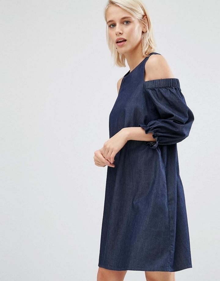 Asos Denim Cold Shoulder Shift Dress In Indigo - Blue