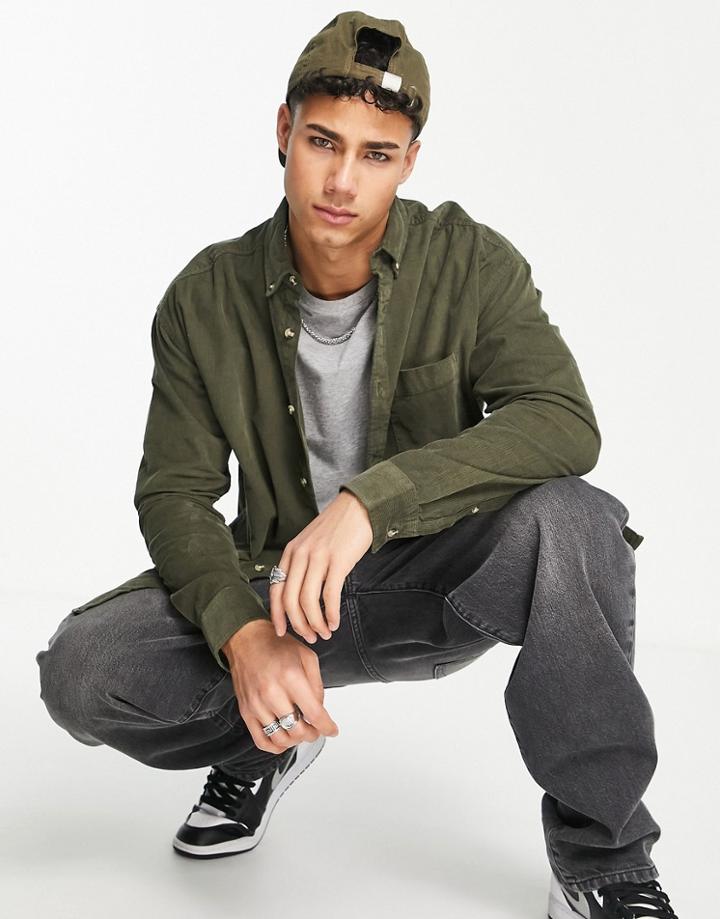 Asos Design 90s Oversized Cord Shirt In Khaki-green