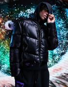 Asos Design Faux Leather Puffer Jacket In Black