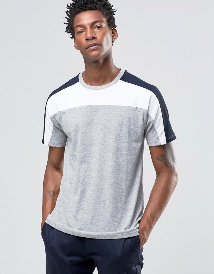 Celio Crew Neck T-shirt With Block Panel Detail - Gray