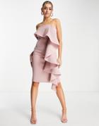 Lavish Alice One Shoulder Bardot Frill Scuba Midi Dress In Dusty Pink