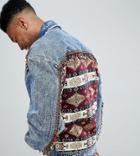 Asos Design Festival Tall Oversized Denim Jacket With Back Print And Beading - Blue