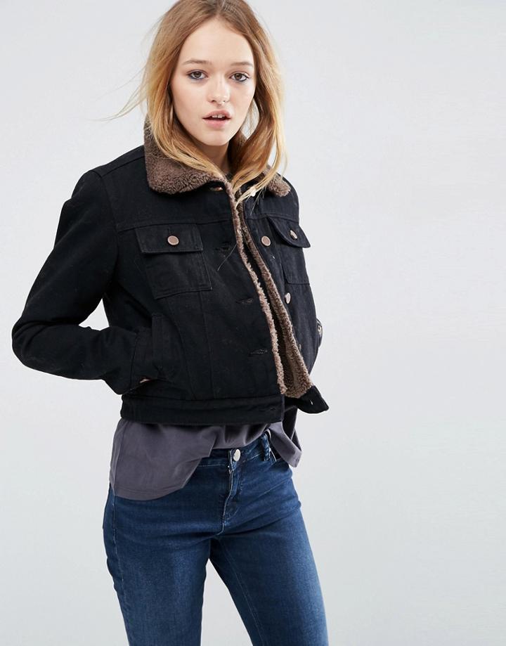 Asos Denim Cropped Jacket In Black With Borg - Black
