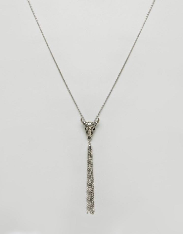 Asos Necklace With Animal Skull In Burnished Silver - Silver