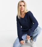 Topshop Petite Long Line V Neck Knitted Sweater In Navy