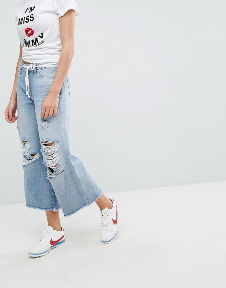 Tommy Jeans Annie Mdi Rise Culotte With Raw Hem And Ripped Knee-blue