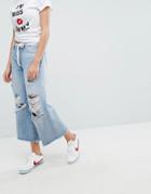 Tommy Jeans Annie Mdi Rise Culotte With Raw Hem And Ripped Knee-blue