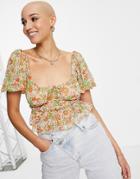 Miss Selfridge Tie Front Blouse In Bright Retro Floral-orange