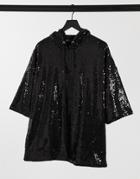 Asos Design Oversized Hooded T-shirt In Black Sequins