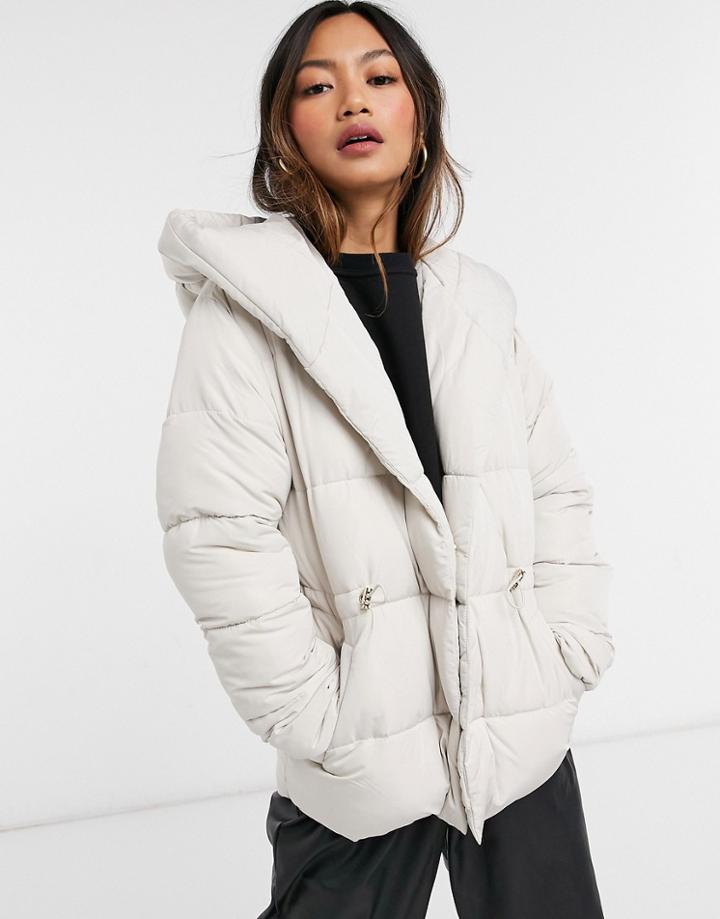 River Island Shawl Collar Longline Padded Coat In Cream-white
