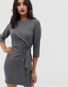 Asos Design Wrap Detail Mini Dress With Long Sleeves - Gray