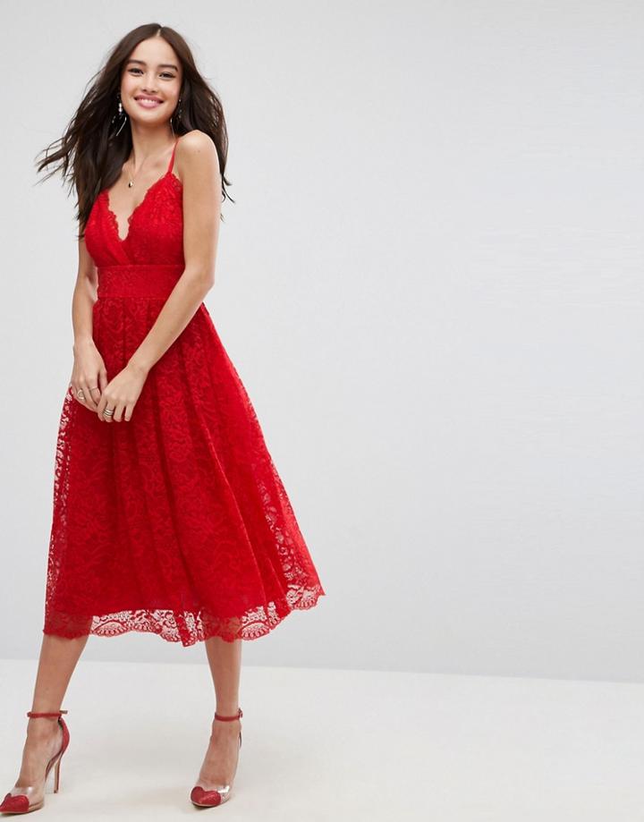 Asos Lace Cami Midi Prom Dress - Red