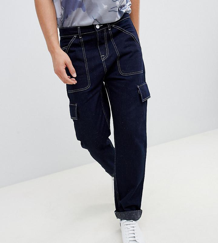 Noak Straight Leg Cargo Pants In Dark Navy With White Stitching
