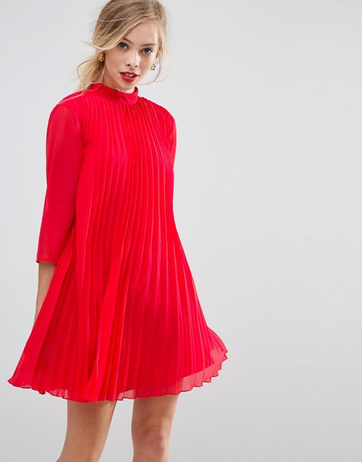 Asos Pleated Trapeze Mini Dress - Red