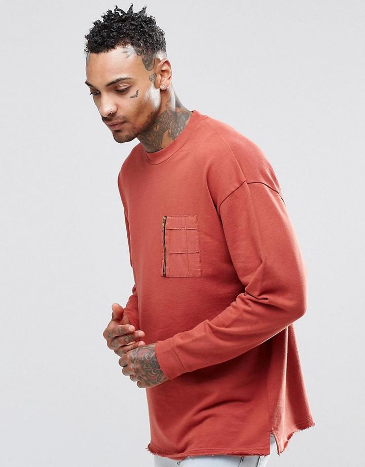 Asos Oversized Sweatshirt With Woven Chest Zip Pocket - Rust
