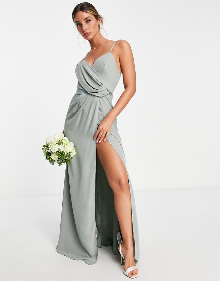 Asos Design Bridesmaid Drape Cami Maxi Dress With Wrap Waist In Olive-green