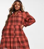 Violet Romance Plus Tiered Cotton Mini Shirt Dress In Rust Gingham-black