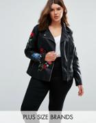 New Look Plus Floral Embroidered Leather Look Jacket - Black