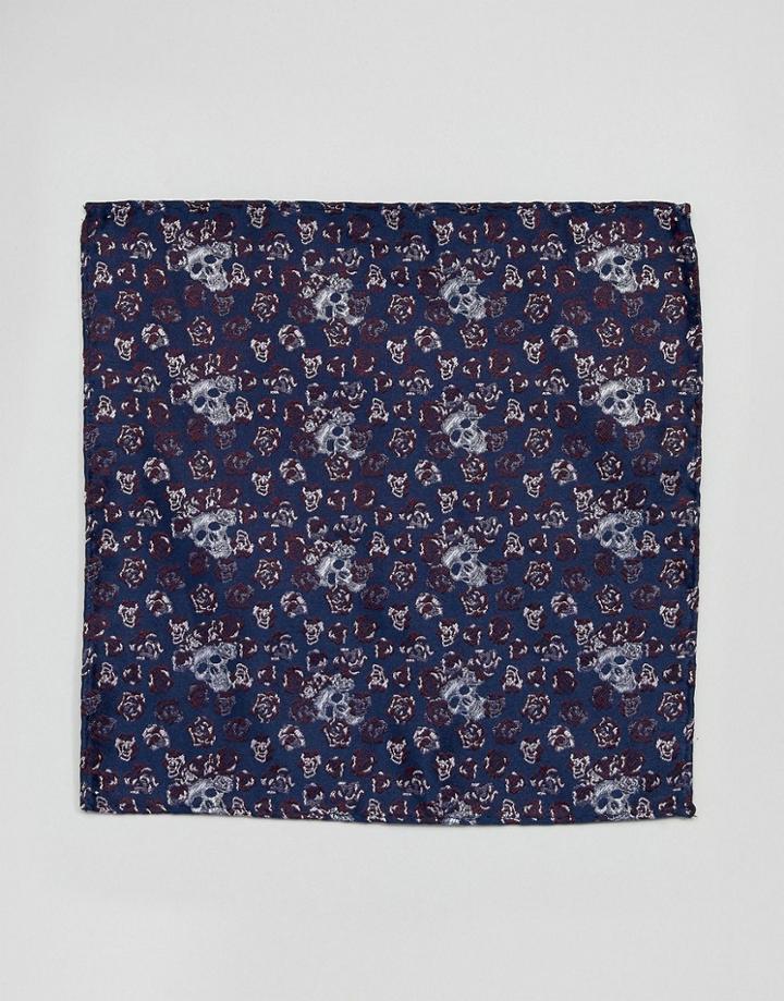 Twisted Tailor Pocket Square In Navy Skull Jacquard - Navy