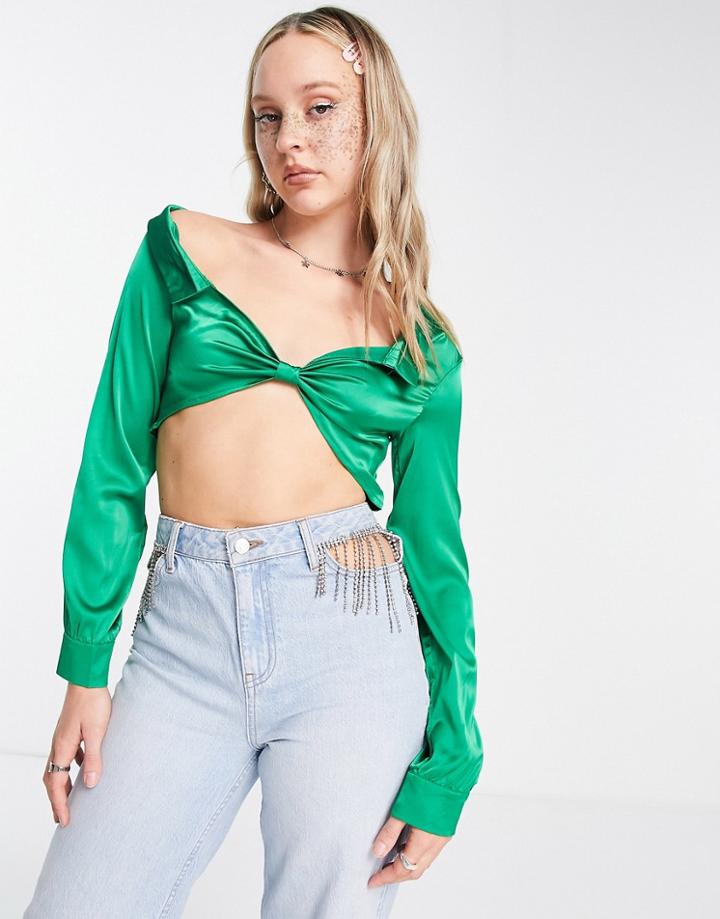 Rebellious Fashion Satin Twist Front Crop Top In Green