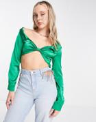 Rebellious Fashion Satin Twist Front Crop Top In Green