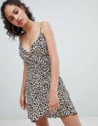 Bershka Leopard Print Wrap Front Mini Dress In Multi - Multi