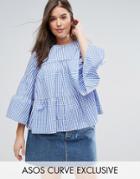 Asos Curve Smock Top With Tiers In Gingham - Blue