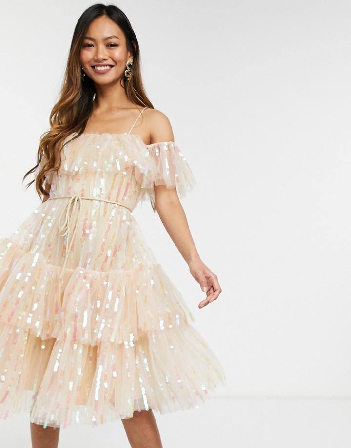 Forever U Cold Shoulder Midi Dress With Sequins In Mink-pink