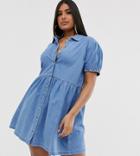 Asos Design Curve Denim Mini Shirt Dress With Collar In Blue - Blue