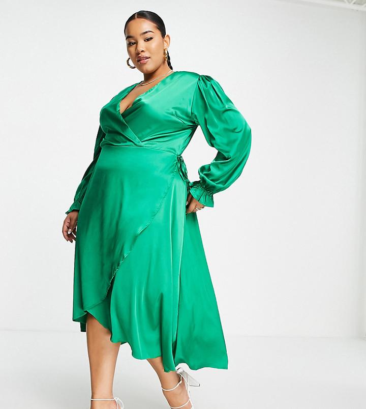 Ax Paris Plus Long Sleeve Wrap Dress In Green Satin
